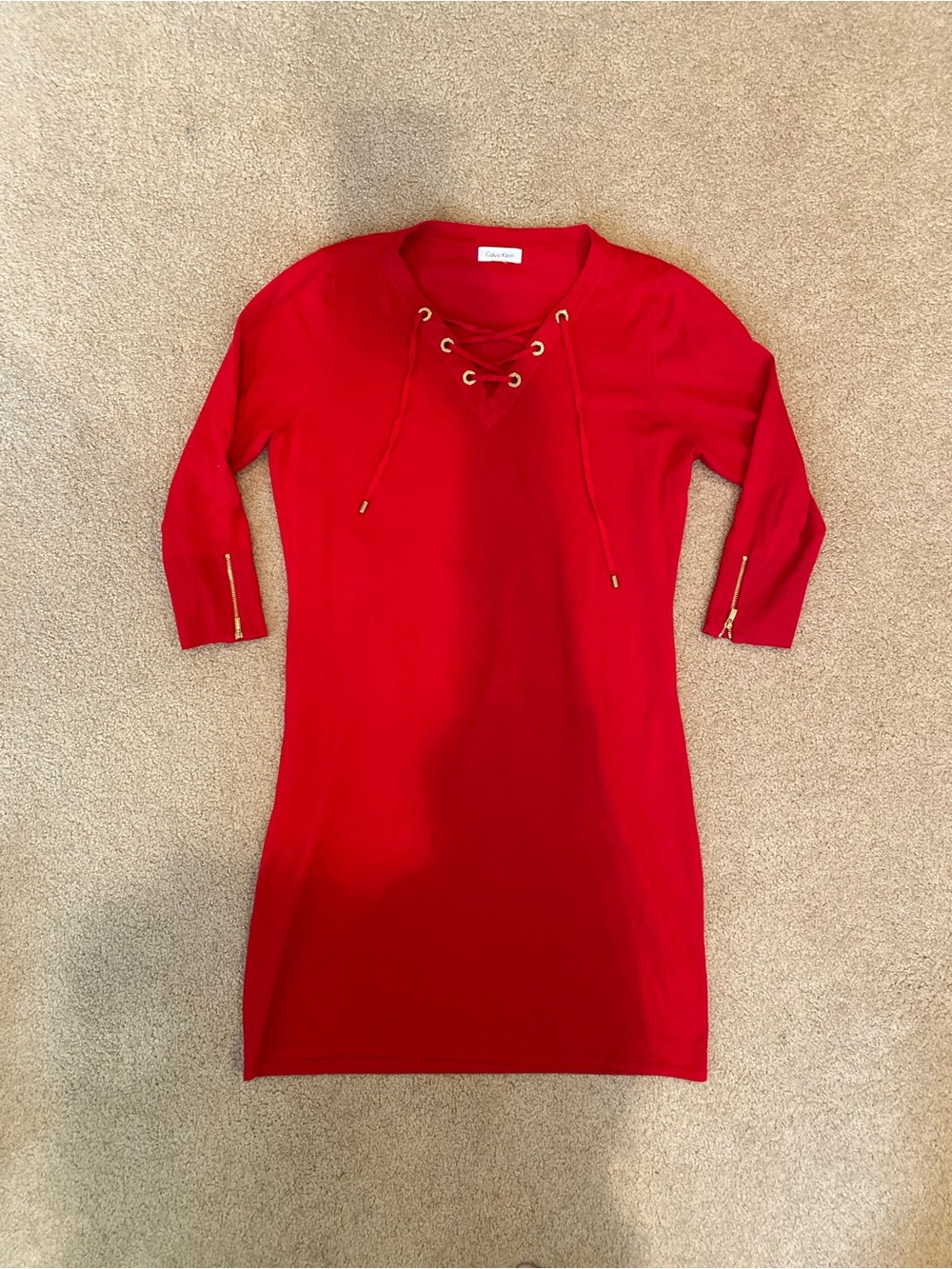 Calvin Klein Red Knit Cotton Sweater Dress V-Neck Lace-Up Eyelets 3/4 L